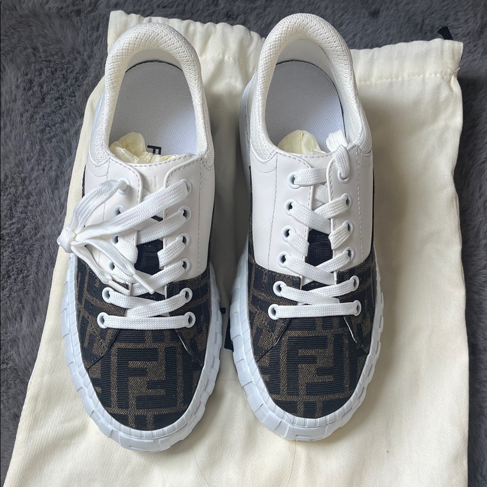 Fendi White and Brown Logo Sneakers